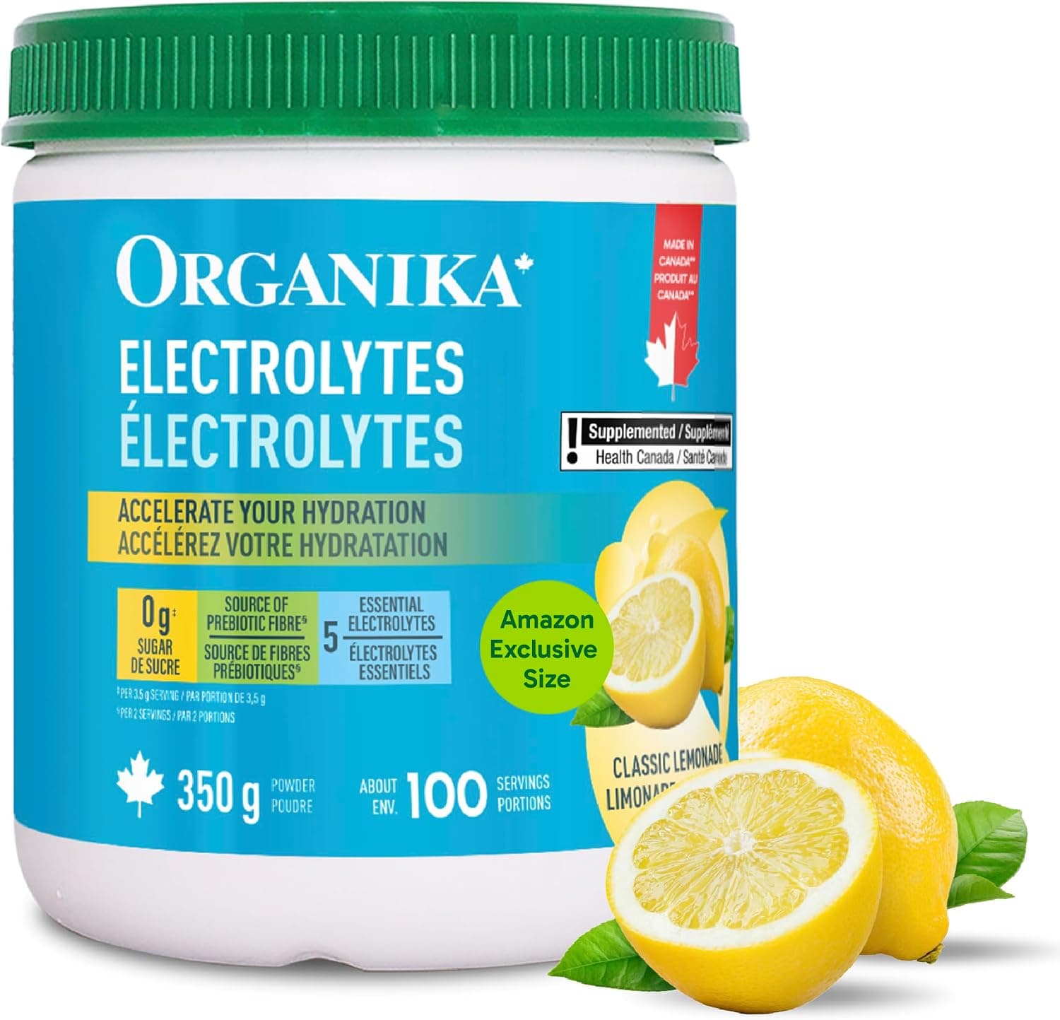 Organika Canadian-Made Electrolyte Drink Mix - Lemonade, 100 Servings