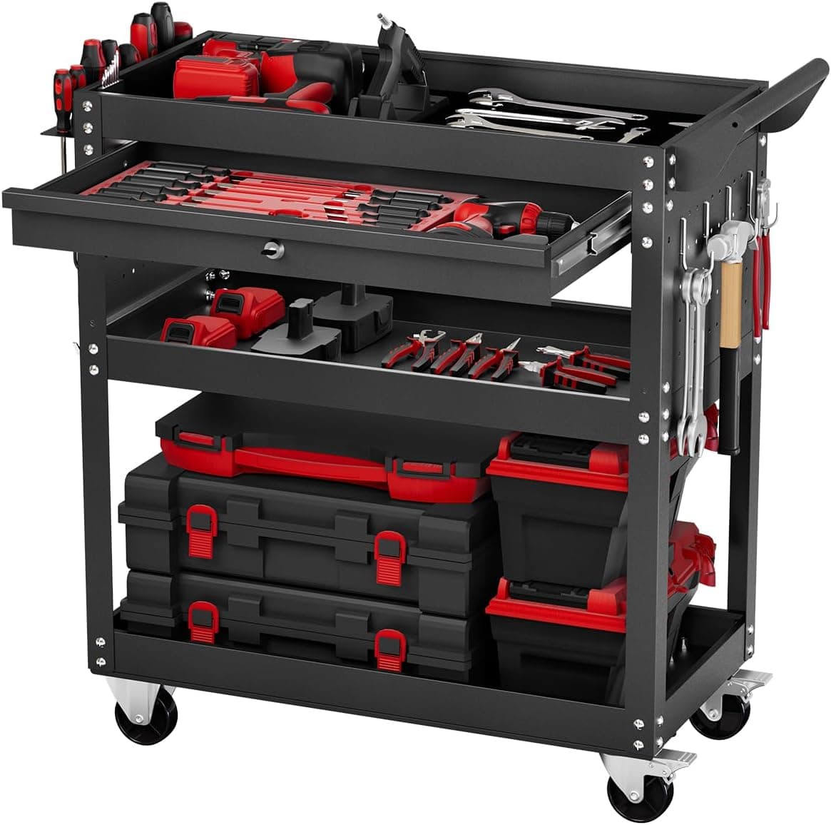 VEVOR 4-Tier Rolling Tool Cart with Drawer and Pegboard